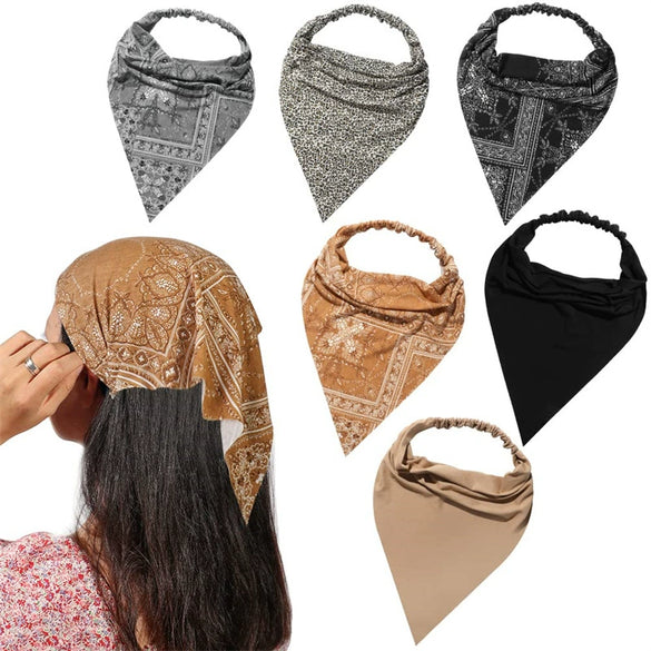 Women's Bohemian Style Geometric Fabric Turban Headband Paisley Elastic Hair Scarf Large Triangle Head Scarf