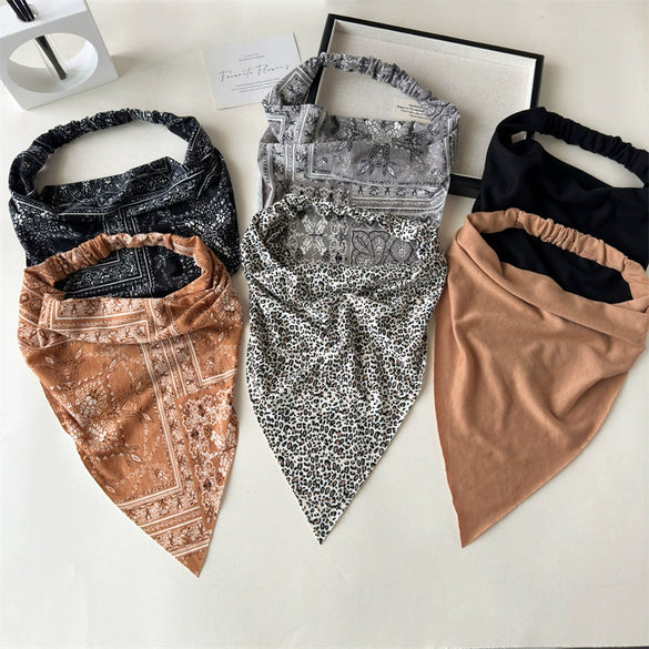 Women's Bohemian Style Geometric Fabric Turban Headband Paisley Elastic Hair Scarf Large Triangle Head Scarf