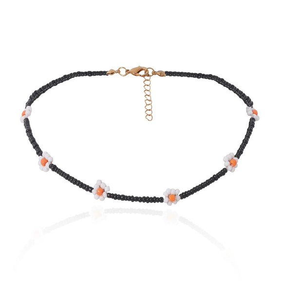 Women's Bohemian Style Handmade Daisy Flower Beaded Collarbone Necklace With Rice Beads And Ball Chain