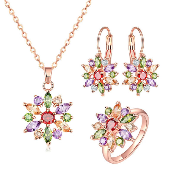 Women's Bohemian Zircon Jewelry Set With Plant Flower Design Snowflake Earrings Necklace And Bracelet