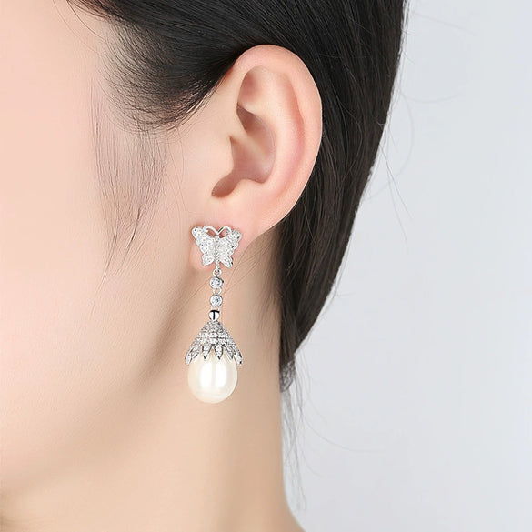 Women's Bow Earrings With Shell Beads Pearl And Zircon Accents Copper Fashion Jewelry