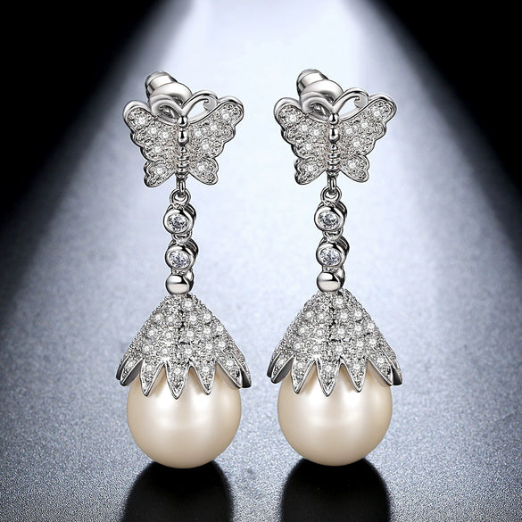 Women's Bow Earrings With Shell Beads Pearl And Zircon Accents Copper Fashion Jewelry