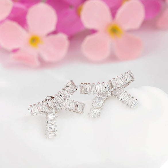 Women's Bow Earrings With Square Zircon Accents Electroplated Copper Fashion Jewelry For Wholesale