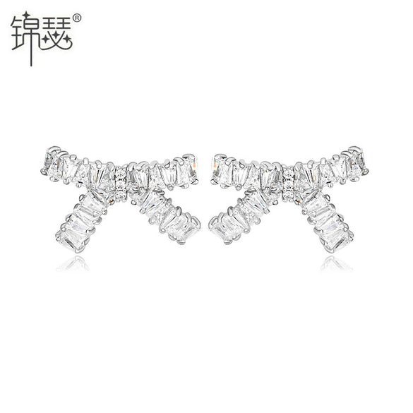 Women's Bow Earrings With Square Zircon Accents Electroplated Copper Fashion Jewelry For Wholesale