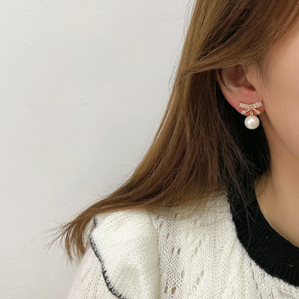 Women's Bow Imitation Pearl Earrings With Silver Needle Electroplated For High End Autumn And Winter