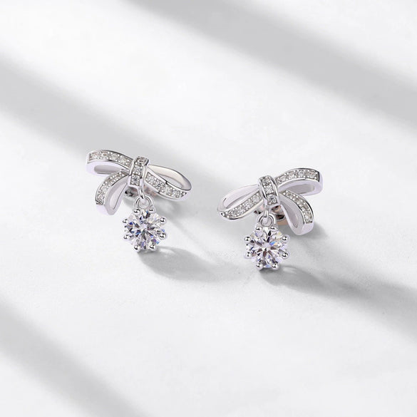 Women's Bow Moissanite Earrings S925 Silver Inlaid Retro Style