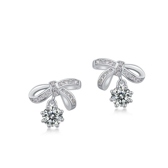 Women's Bow Moissanite Earrings S925 Silver Inlaid Retro Style