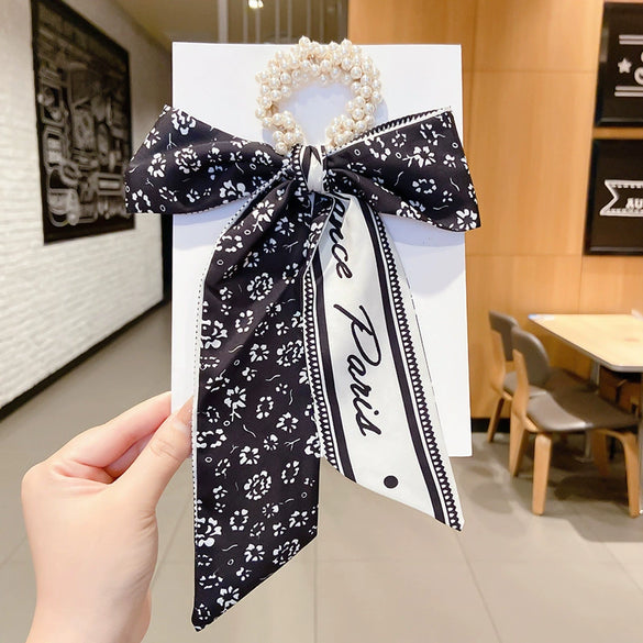 Women's Bow Ribbon Silk Scarf Hair Tie Pearl Accent All Match Headband Hair Accessory