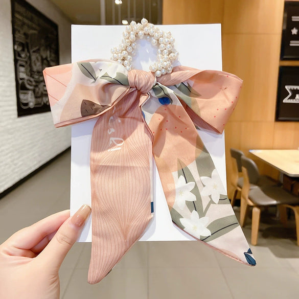 Women's Bow Ribbon Silk Scarf Hair Tie Pearl Accent All Match Headband Hair Accessory