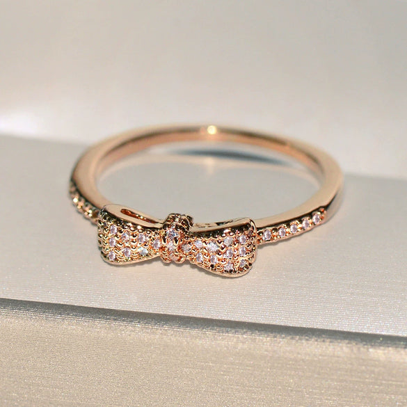 Women's Brass And White Steel Bow Ring With Full Cubic Zirconia Micro Inlay Romantic Cute Party Jewelry