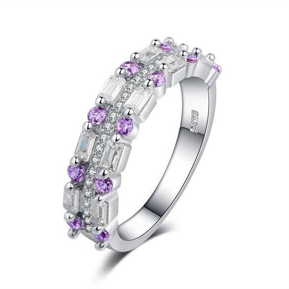 Women's Brass And White Steel Ring With Blue Pointed Zircon And Full Pavé Diamond Style Design