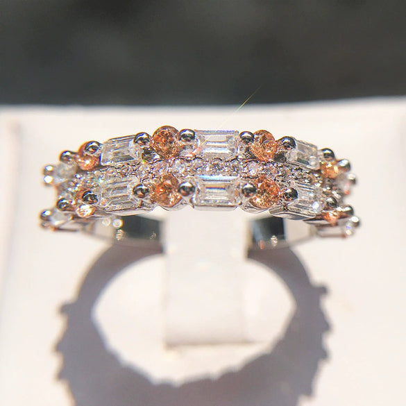 Women's Brass And White Steel Ring With Blue Pointed Zircon And Full Pavé Diamond Style Design