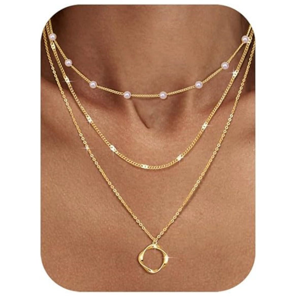 Women's Brass Asymmetrical Circle Paper Clip Necklace Set Geometric Multi Layer Layered Chain Necklaces With Electroplated Finish
