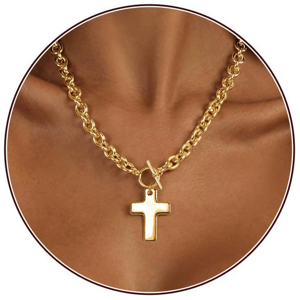 Women's Brass Cross Pendant Necklace With Regular Chain Trendy Clavicle Chain Electroplated Personality Style Jewelry