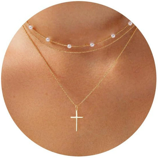 Women's Brass Cross Pendant Necklace With Regular Chain Trendy Clavicle Chain Electroplated Personality Style Jewelry