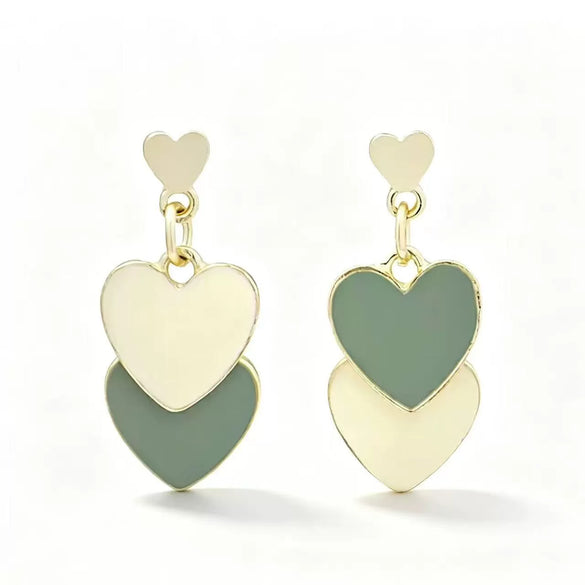 Women's Brass Heart Shaped Earrings With Electroplated Gold Finish And Green Color Blocking Simple Trendy Niche Style Pendant Earrings