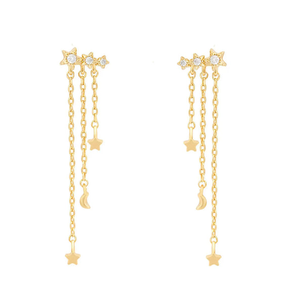 Women's Brass 18K S925 Silver Star Long Tassel Moon Zircon Earrings Feminine Artistic Ear Jewelry