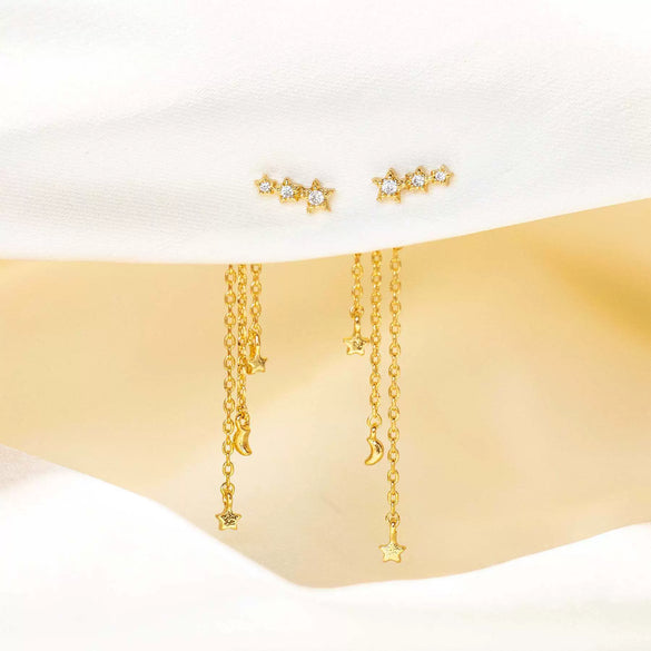 Women's Brass 18K S925 Silver Star Long Tassel Moon Zircon Earrings Feminine Artistic Ear Jewelry
