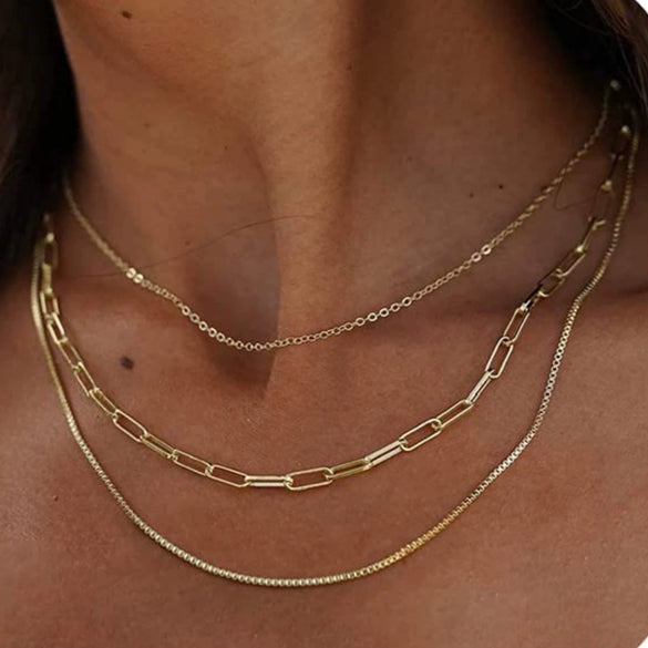Women's Brass Snake Shaped Multi Layer Necklace With Geometric Pendant Electroplated Fashion Jewelry Gift