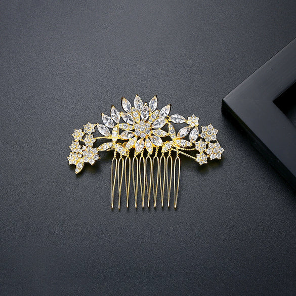 Women's Bridal Flower Hair Comb With Zircon Accents Electroplated Copper Jewelry Hair Accessory Wholesale