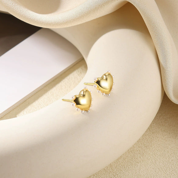 Women's Brushed Stainless Steel Imitation Pearl Earrings With Heart Shape Bow And Leaf Pattern Electroplated