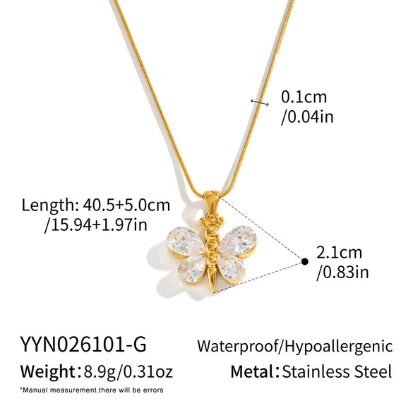 Women's Butterfly Pendant Necklace With Zircon Stainless Steel Chain Pvd Gold Plating And Lobster Clasp