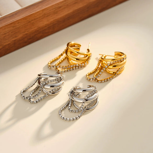 Women's C Shaped Geometric Stainless Steel Rhinestone Chain Earrings With 18K Gold Vacuum Plating Simple Light Luxury Style