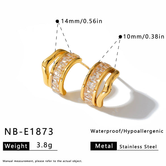 Women's C Shaped Stainless Steel Earrings With Geometric Design Zircon And Rhinestone Inlay 18K Vacuum Plated Fashion Jewelry