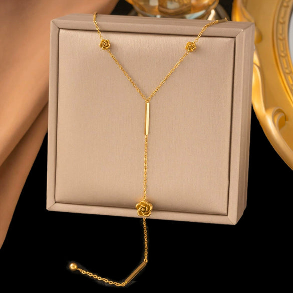 Women's Camellia Flower Necklace In Gold Plated Titanium Steel With O Chain Non Fading Floral Pendant Jewelry