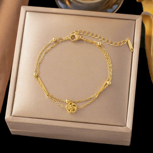 Women's Camellia Flower Necklace In Gold Plated Titanium Steel With O Chain Non Fading Floral Pendant Jewelry
