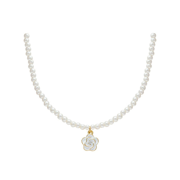 Women's Camellia Imitation Pearl Alloy Clavicle Chain Necklace With Electroplating
