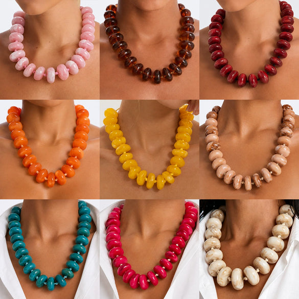 Women's Candycolored Irregular Gradient Acrylic Beaded Necklace With Handmade Geometric Design And Adjustable Waxed Rope Drawstring Chain