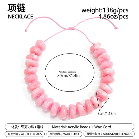 Women's Candycolored Irregular Gradient Acrylic Beaded Necklace With Handmade Geometric Design And Adjustable Waxed Rope Drawstring Chain