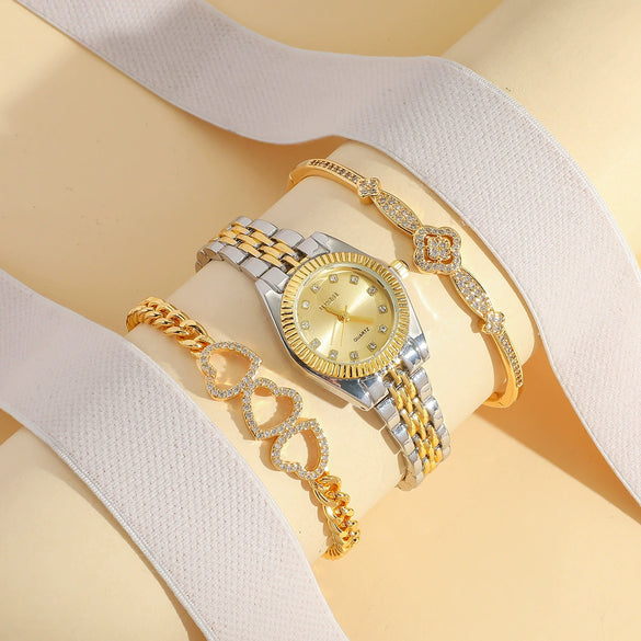 Women's Casual Alloy And Stainless Steel Round And Rectangular Quartz Watch With Fourleaf Clover Design And Diamond Bracelet