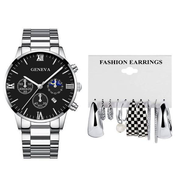 Women's Casual Alloy Band Heart Shape Dial Watch Earrings Jewelry Set