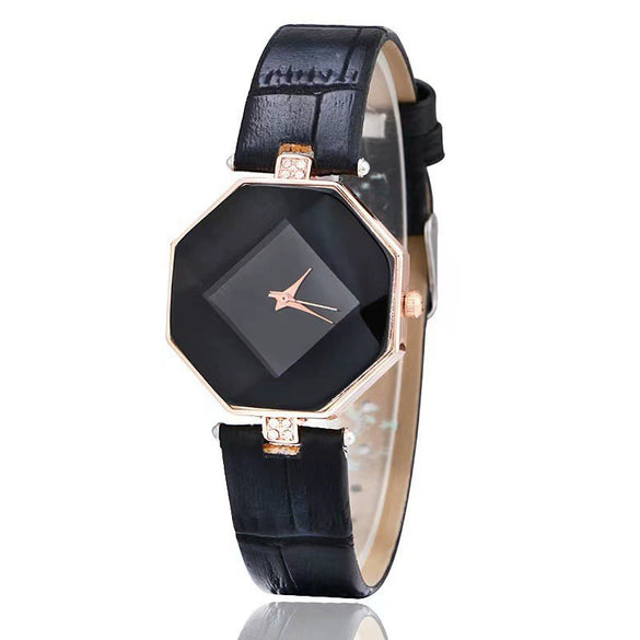 Women's Casual Alloy Case Imitation Leather Strap Round Dial Quartz Watch With Transparent Bottom