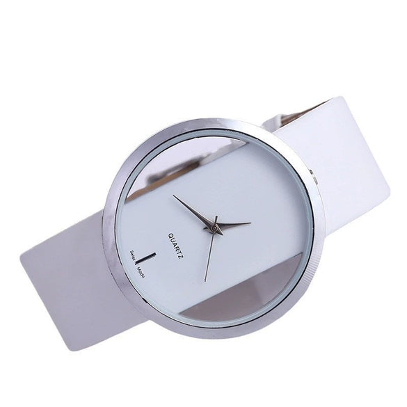 Women's Casual Alloy Case Imitation Leather Strap Round Dial Quartz Watch With Transparent Bottom