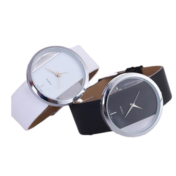 Women's Casual Alloy Case Imitation Leather Strap Round Dial Quartz Watch With Transparent Bottom