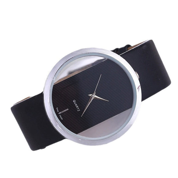 Women's Casual Alloy Case Imitation Leather Strap Round Dial Quartz Watch With Transparent Bottom