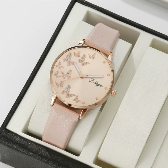 Women's Casual Alloy Case Imitation Leather Strap Round Dial Quartz Wrist Watch With Butterfly Design