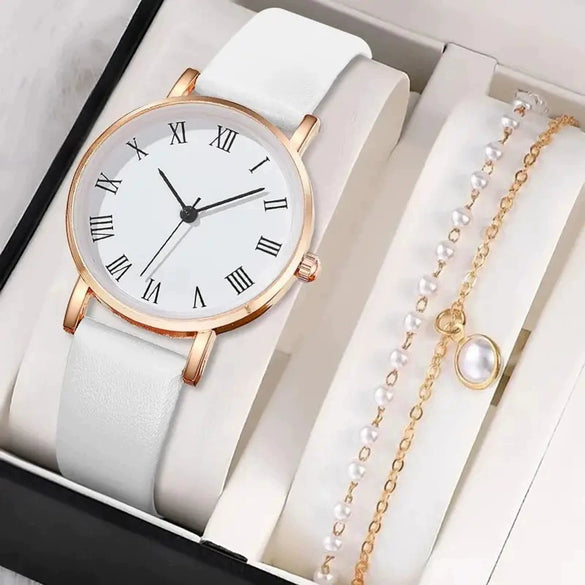 Women's Casual Alloy Case Imitation Leather Strap Stainless Steel Buckle Round Dial Quartz Watch