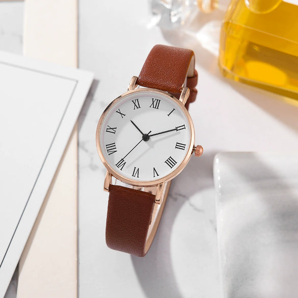 Women's Casual Alloy Case Imitation Leather Strap Stainless Steel Buckle Round Dial Quartz Watch