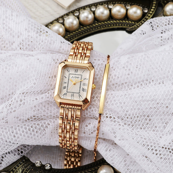 Women's Casual Alloy Case Stainless Steel Band Quartz Watch With Round Dial And Roman Scale