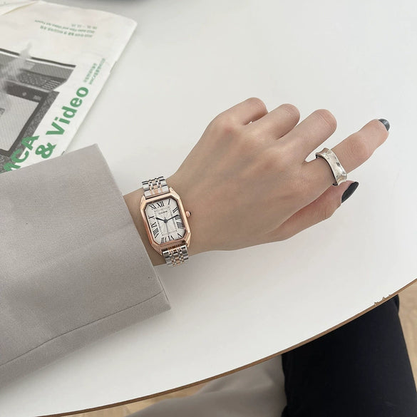 Women's Casual Classic Square Alloy Case Ordinary Glass Mirror Steel Band Literary Retro Roman Graduated Watch