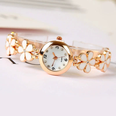 Women's Casual Fashion Clover Five Leaf Stainless Steel Round Dial Bracelet Watch Jewelry