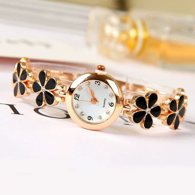 Women's Casual Fashion Clover Five Leaf Stainless Steel Round Dial Bracelet Watch Jewelry
