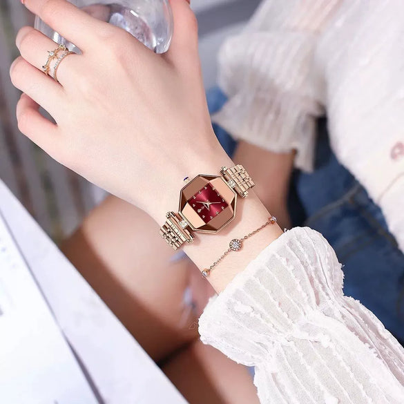 Women's Casual Fashion Quartz Watch Waterproof Ultrathin Alloy Case Stainless Steel Strap Rhombus Dial