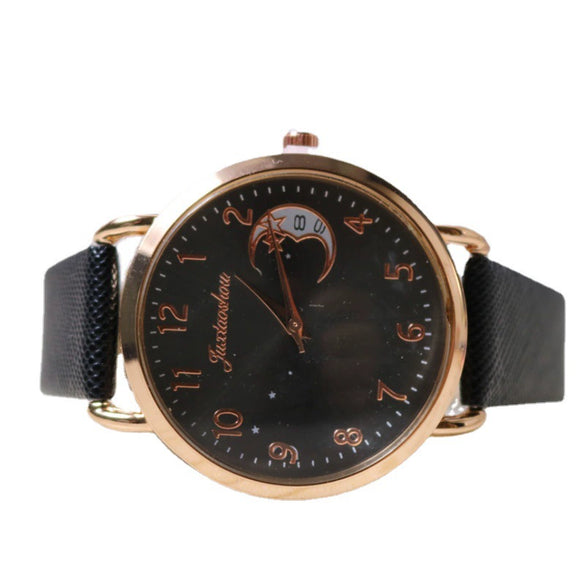 Women's Casual Leather Strap Watch With Moon Pattern Metal Case Stainless Steel Clasp Pu Strap Round Dial