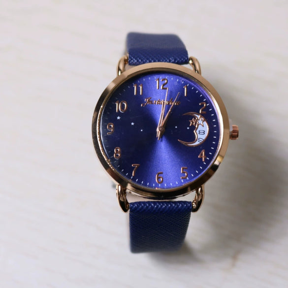 Women's Casual Leather Strap Watch With Moon Pattern Metal Case Stainless Steel Clasp Pu Strap Round Dial