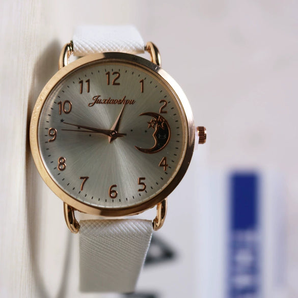 Women's Casual Leather Strap Watch With Moon Pattern Metal Case Stainless Steel Clasp Pu Strap Round Dial